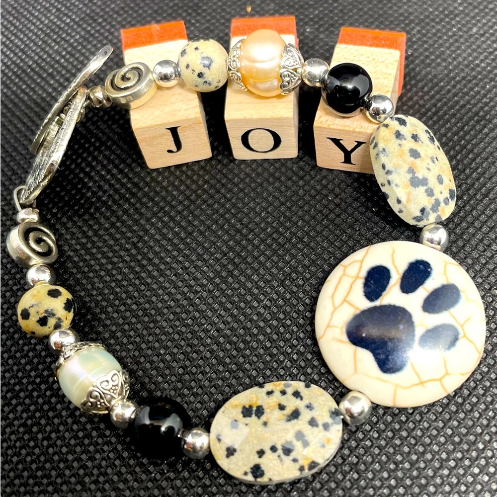Pet lover bracelet with Dalmatian jasper black onyx and silver hematite & pearls